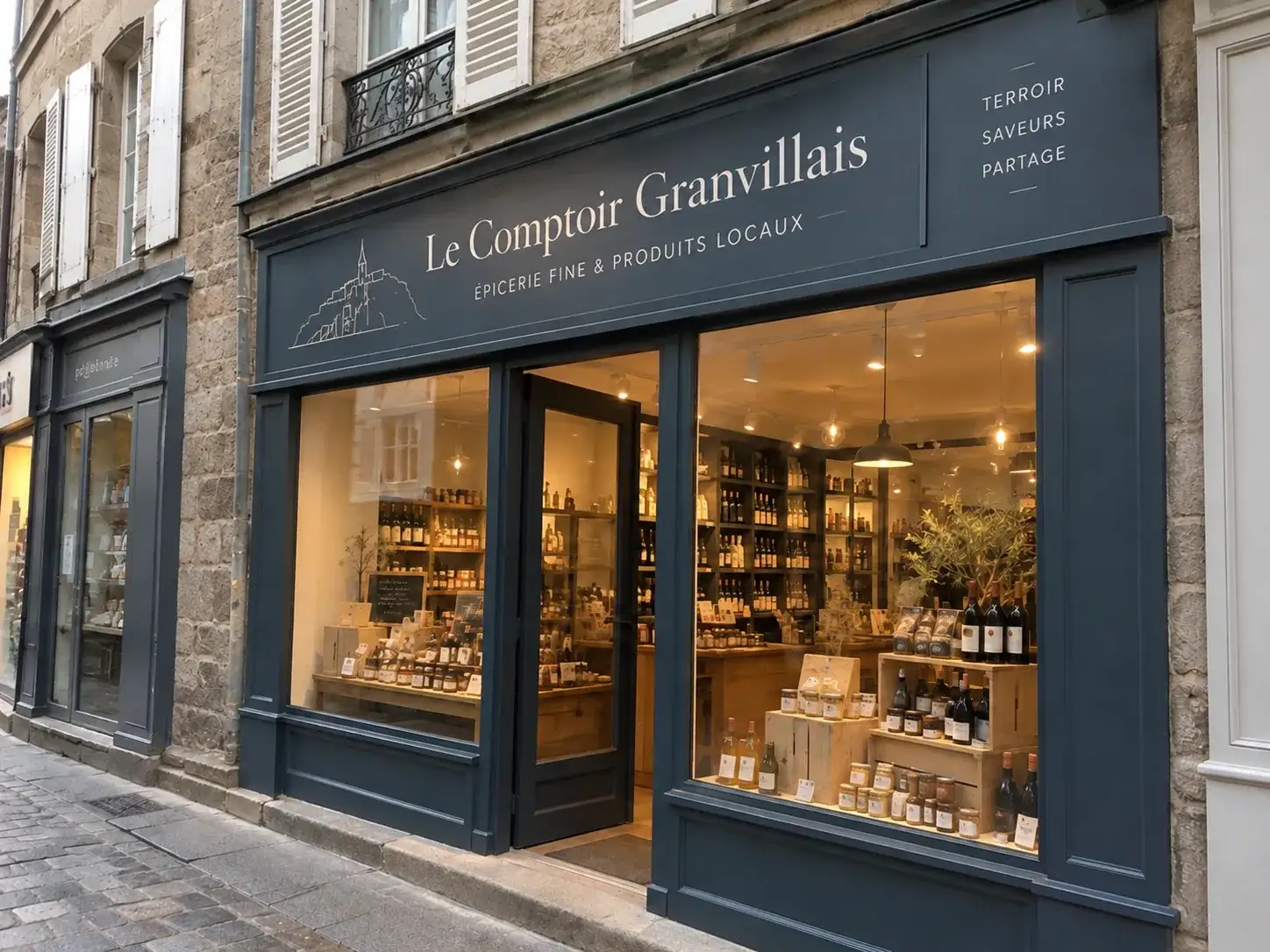 Façade d’une épicerie fine dans une rue pavée du centre ancien : bandeau bleu nuit aux lettres fines crème avec un dessin de ville fortifiée sur son rocher, panneau latéral de trois mots, grandes vitrines chaleureuses et menuiseries peintes